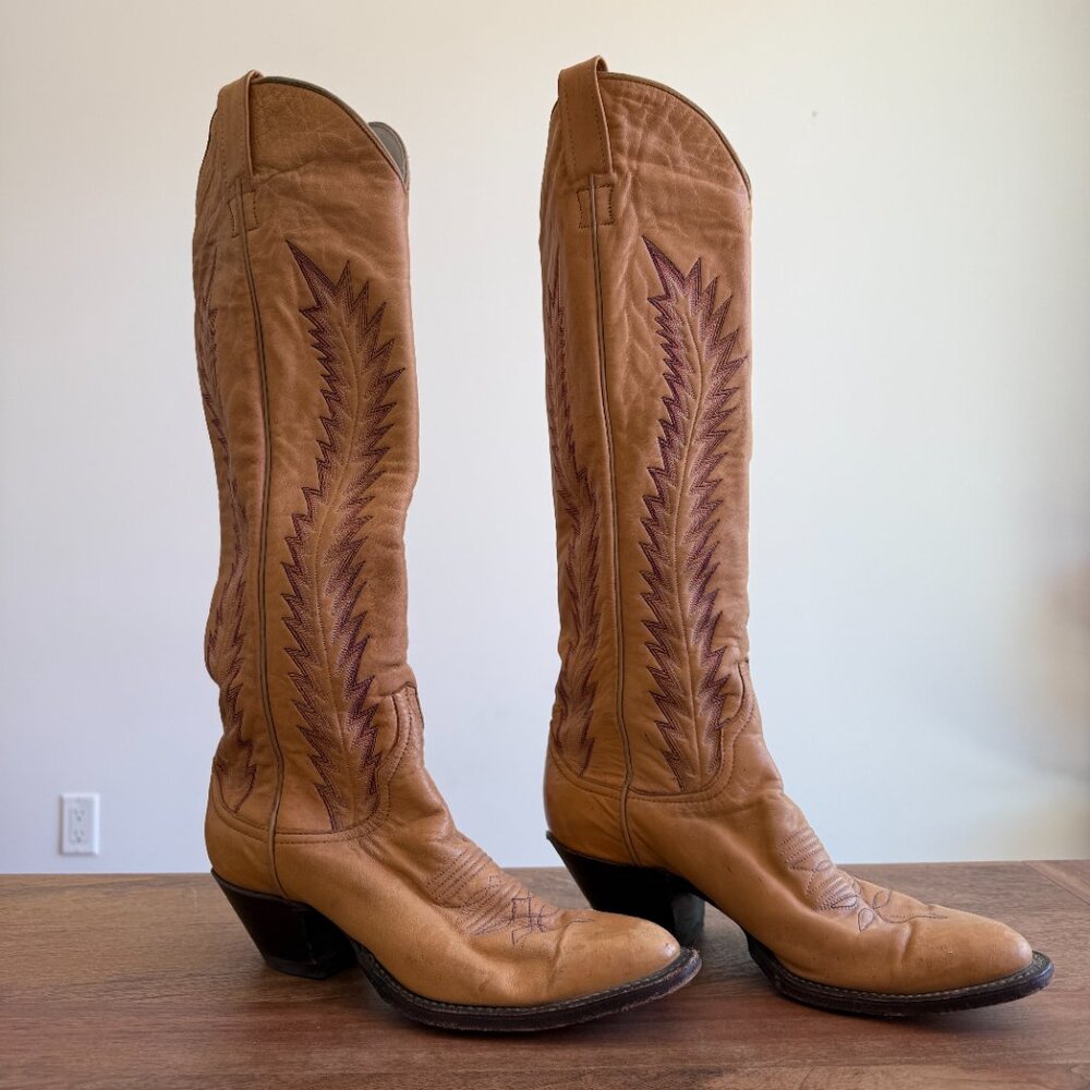 Larry Mahan Tan Leather Knee-High Western Heeled Boots with Brown Stitching - Picture 3 of 10